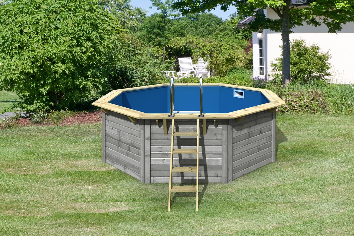 Achteck-Pool X1 400x400 cm, Holz wassergrau/Folie blau, Karibu