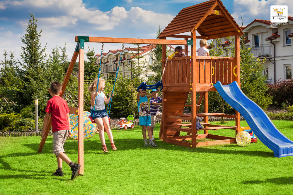 Fungoo Spielturm JOY Move+ StepOn FreeTime, teak-farben-lasiert