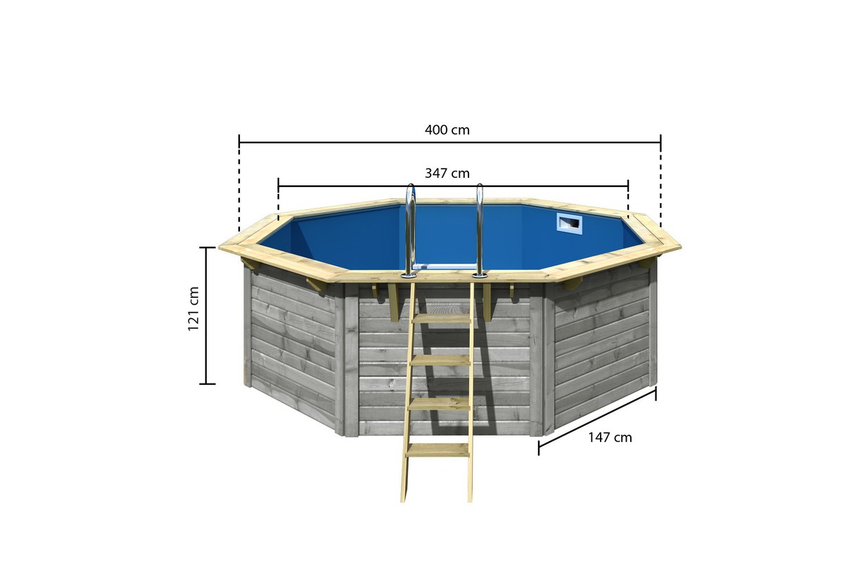 Achteck-Pool X1 400x400 cm, Holz wassergrau/Folie blau, Karibu